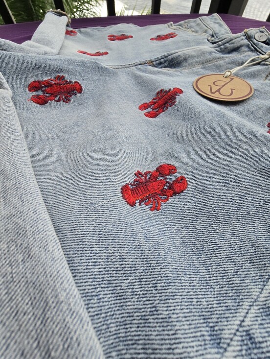 DRIFTWOOD Pants - DRIFTWOOD Light Blue Denim Shorts with Red Lobster Embroidery